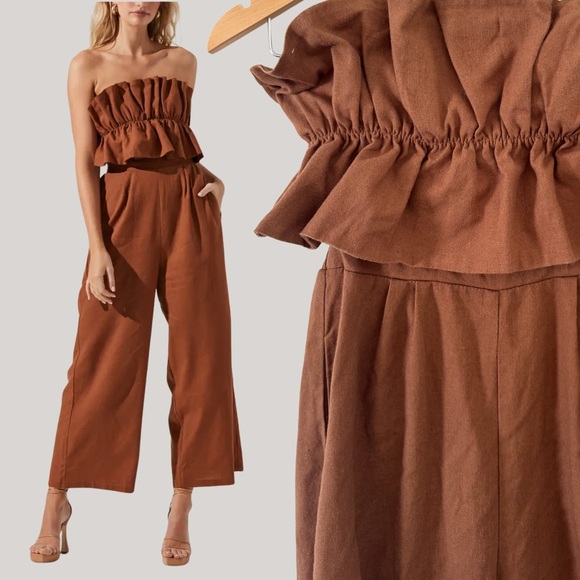 Astr Pants - ASTR The Label Ruffle Bodice Tie Back Strapless Cotton Linen Jumpsuit Brown S